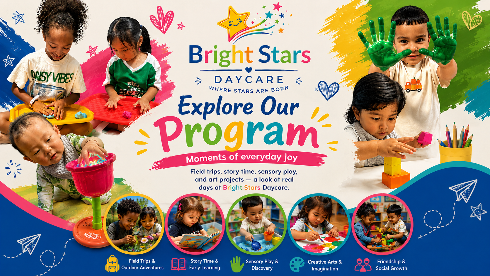 Bright Stars Daycare children exploring sensory bins, painting, reading, and building with blocks